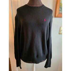 Ralph Lauren Sport Black Knit Sweater Red Logo Crewneck Long Sleeve Womens  M